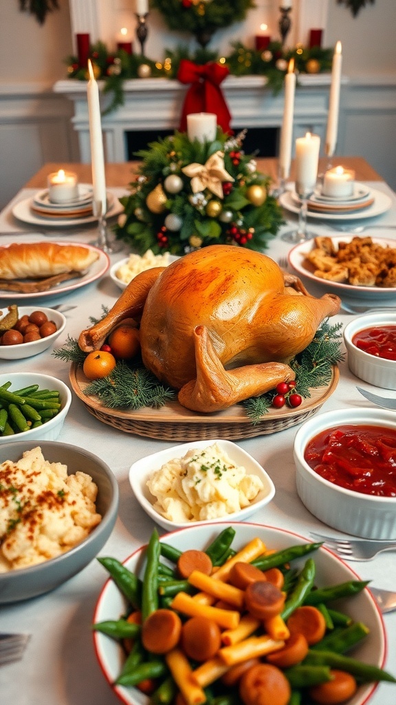 Traditional Christmas Dinner Menu A festive Christmas dinner table with roasted turkey, mashed potatoes, green beans, and cranberry sauce.